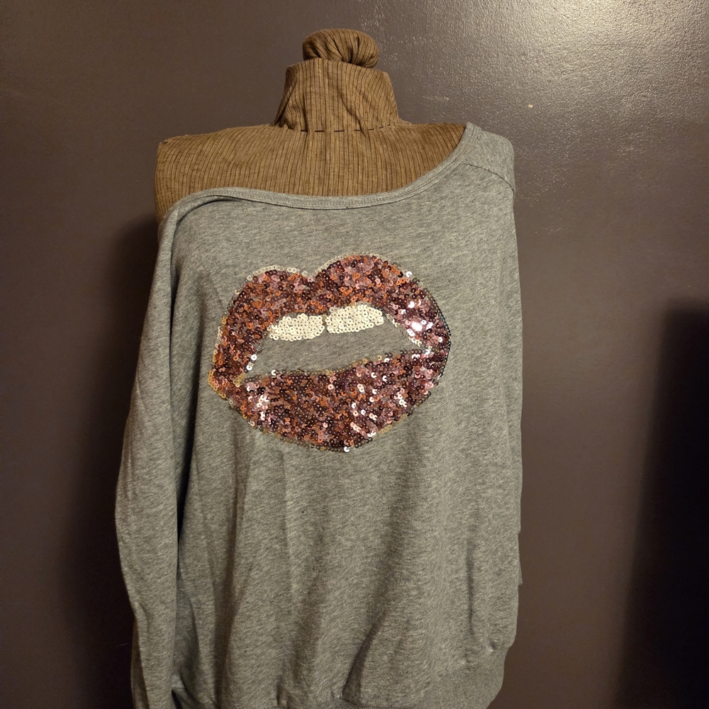 Torrid Gray Off-the-Shoulder Sweater with Sequin Lips
